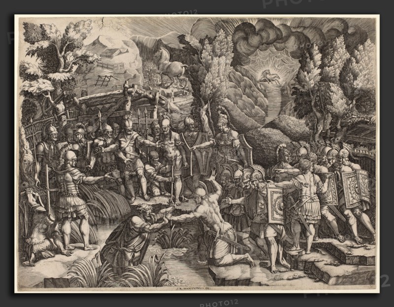 Giorgio Ghisi after Giovanni Battista Scultori (Italian, 1520 - 1582), Sinon Deceiving the Trojans, c. 1545, engraving on laid paper
