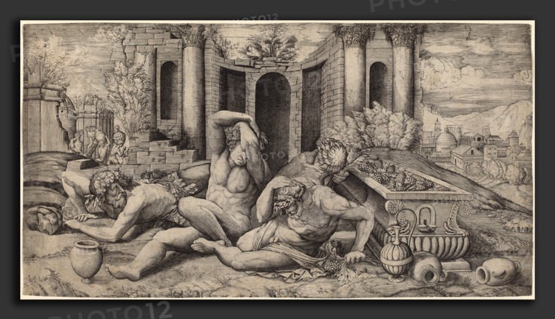 Master HFE (Italian, active first half 16th century), The Wine Bibbers, engraving