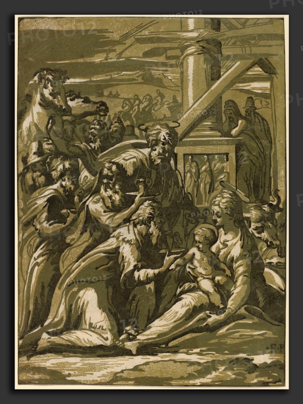 Guiseppe Nicolo Vicentino after Parmigianino (Italian, active first half 16th century), The Adoration of the Magi, chiaroscuro woodcut