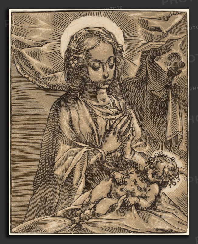 Andrea Andreani after Francesco Vanni (Italian, 1558-1559 - 1629), Madonna and Child, 1591-93, chiaroscuro woodcut from 2 blocks in black and gray-brown on laid paper