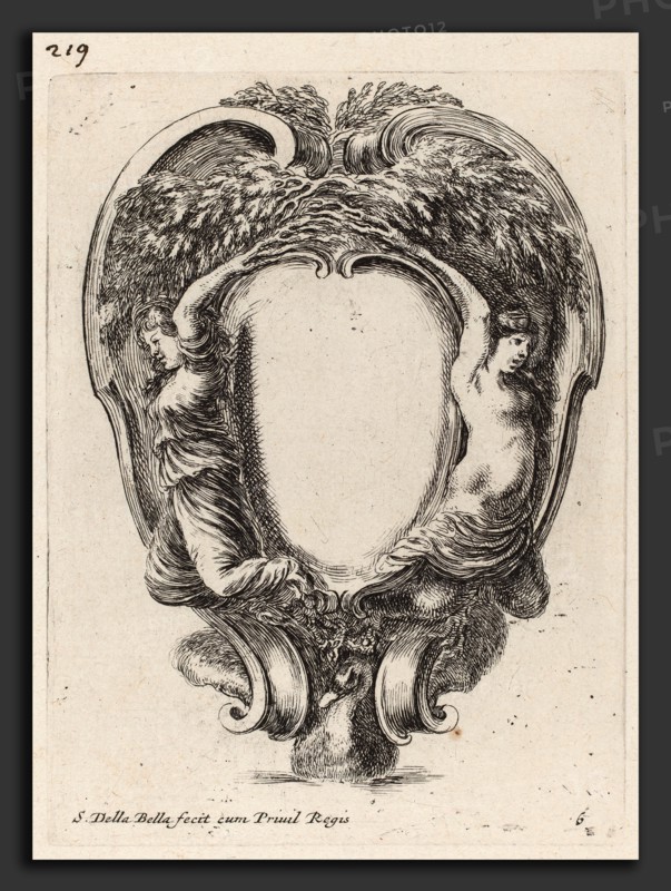 Stefano Della Bella (Italian, 1610 - 1664), Cartouche with Two Nymphs Metamorphosed into Trees, 1647, etching