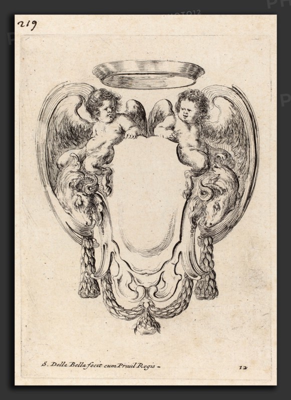 Stefano Della Bella (Italian, 1610 - 1664), Cartouche with Rams and Infant Satyrs, 1647, etching