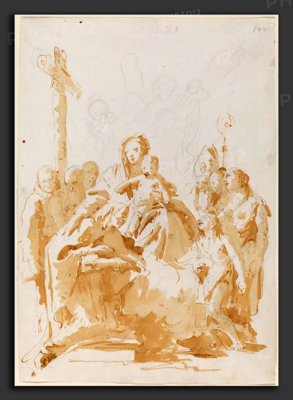 Giovanni Battista Tiepolo (Italian, 1696 - 1770), The Virgin and Child Adored by Bishops, Monks, and Women, 1735-1740, pen and brown ink with brown wash over black chalk on laid paper