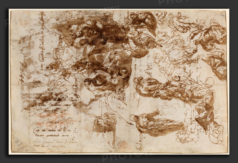 Veronese (Italian, 1528 - 1588), Studies for Judith and Holofernes, David and Goliath, and Other Compositions [recto], c. 1582, pen and brown ink with brown wash on laid paper