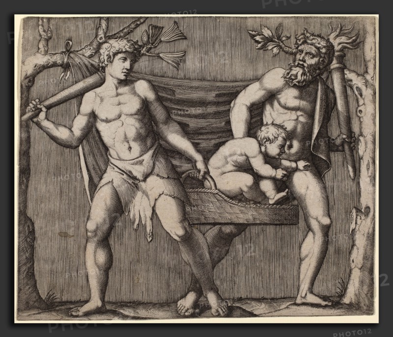 Marcantonio Raimondi (Italian, c. 1480 - c. 1534), Two Fauns Carrying a Child, engraving