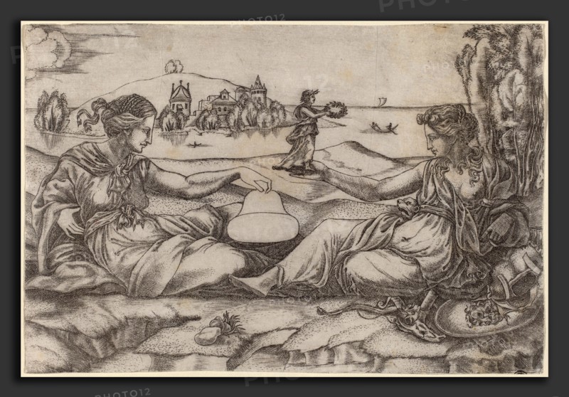 Master IRs (Italian, active first half 16th century), Two Allegorical Figures (Roma and Liberty?), engraving