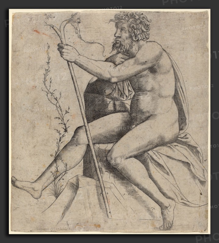 Giovanni Antonio da Brescia (Italian, active c. 1490 - 1525 or after), Man Seated Holding a Forked Staff, c. 1514-1515, engraving