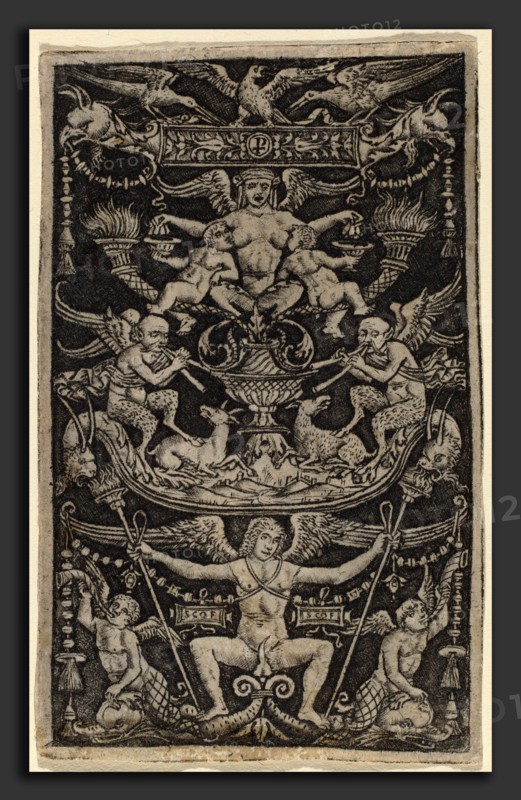Peregrino da Cesena (Italian, active c. 1490-1520), Panel of Ornament with a Satyress Feeding Two Children, c. 1505-1520, niello print