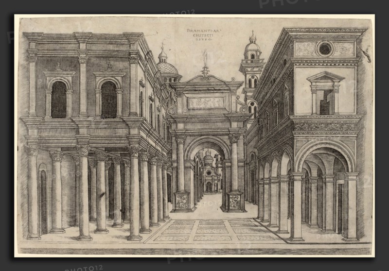 Attributed to Zoan Andrea after Donato Bramante (Italian, active c. 1475-1519), A Street with Various Buildings, Colonnades and an Arch, c. 1500-1510, engraving