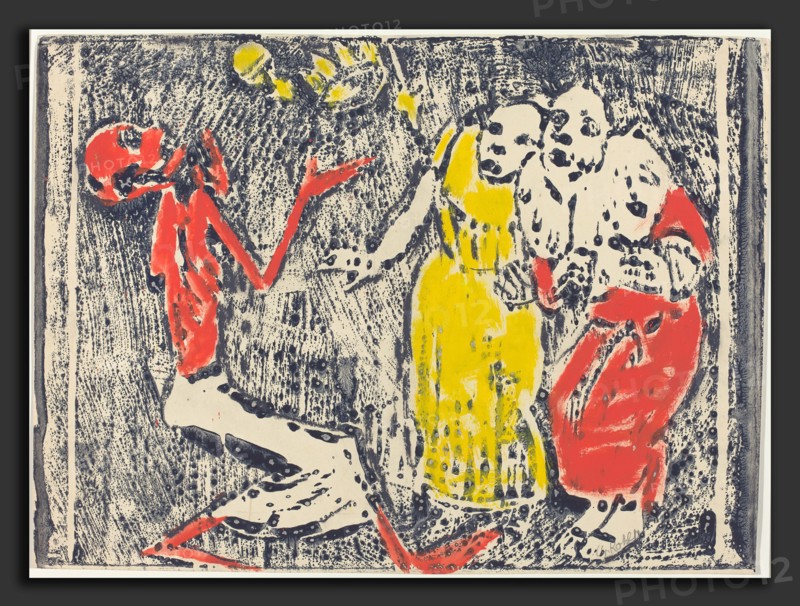 Christian Rohlfs, Death as Juggler, German, 1849 - 1938, 1918-1919, woodcut in blue-gray heightened with yellow and red watercolor
