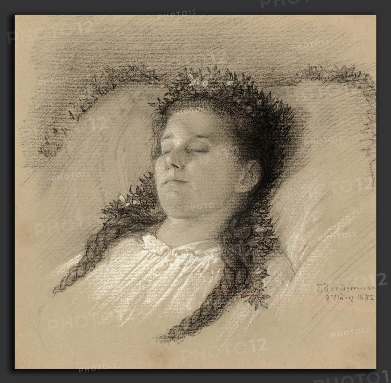 Eduard Julius Friedrich Bendemann (German, 1811 - 1889), A Girl on Her Deathbed with a Crown of Flowers, 1882, black chalk and white chalk on brown paper