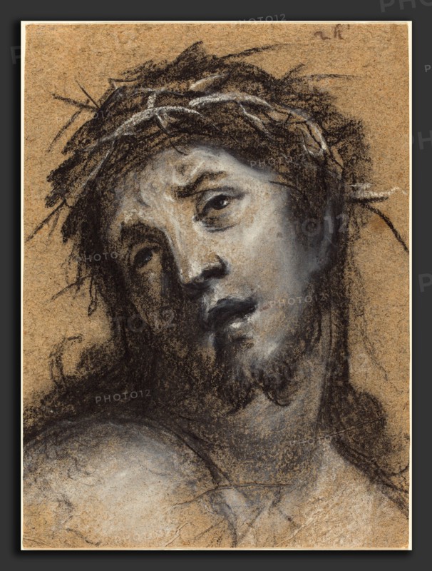 Johann Ulrich Mayr (German, 1630 - 1704), Head of Christ, c. 1670, black chalk with white heightening on brown oatmeal paper