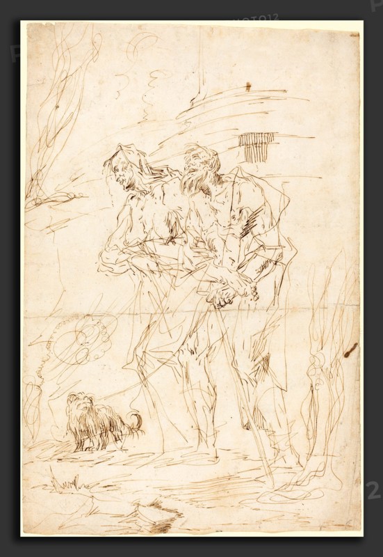 Paul Troger (Austrian, 1698 - 1762), Two Beggars with Their Dog, c. 1728, pen and brown ink on laid paper
