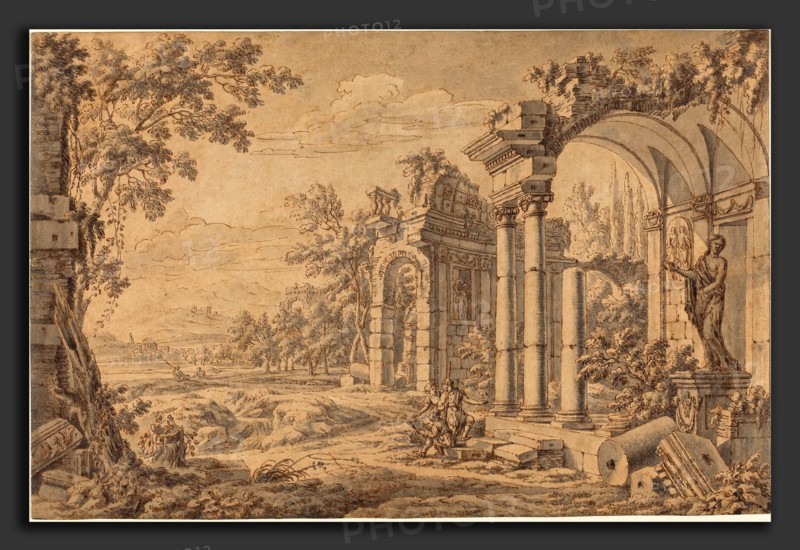 Johann Oswald Harms (German, 1643 - 1708), Landscape with a Draftsman among Ancient Ruins, 1670s, pen and brown ink with gray and brown wash over red chalk on laid paper
