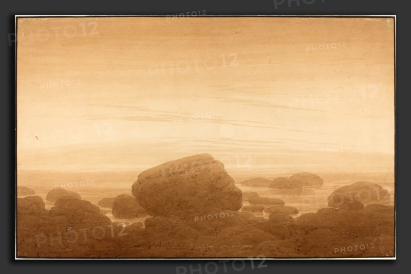 Caspar David Friedrich (German, 1774 - 1840), Moonrise on an Empty Shore, 1837-1839, sepia washes over graphite on wove paper (with original black ink border)