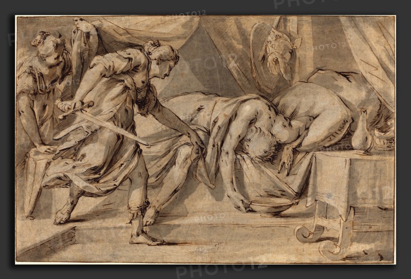 Hans von Aachen (German, 1552 - 1615), Judith and Holofernes, pen and brown ink  with brown and gray wash on laid paper; laid down