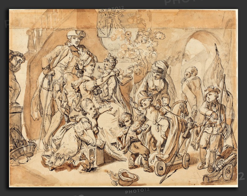 Johann Eleazar Schenau (German, 1737 - 1806), The Happy Family with Children Playing, pen and black ink with brown and gray washes over graphite on two joined sheets of laid paper