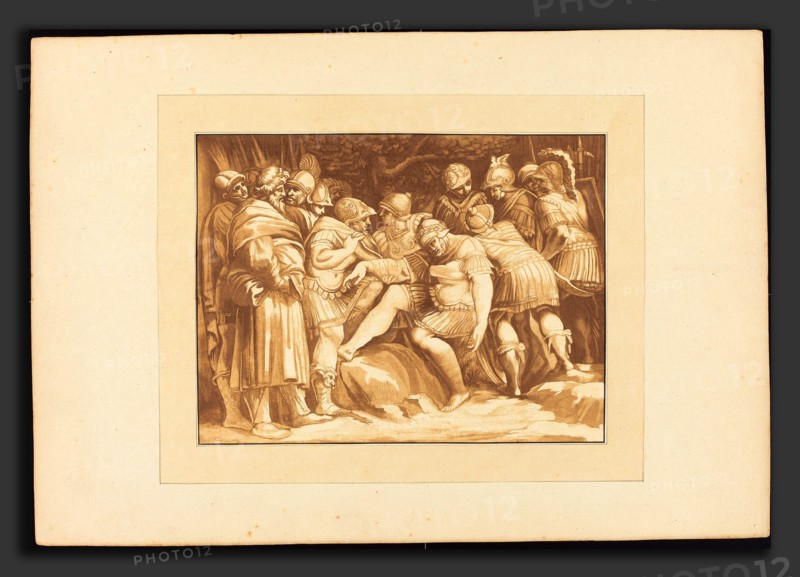 Johann Gottlieb Prestel after Polidoro da Caravaggio (German, 1739 - 1808), Dying Epaminondas, 1782, aquatint in dark, medium, and light brown