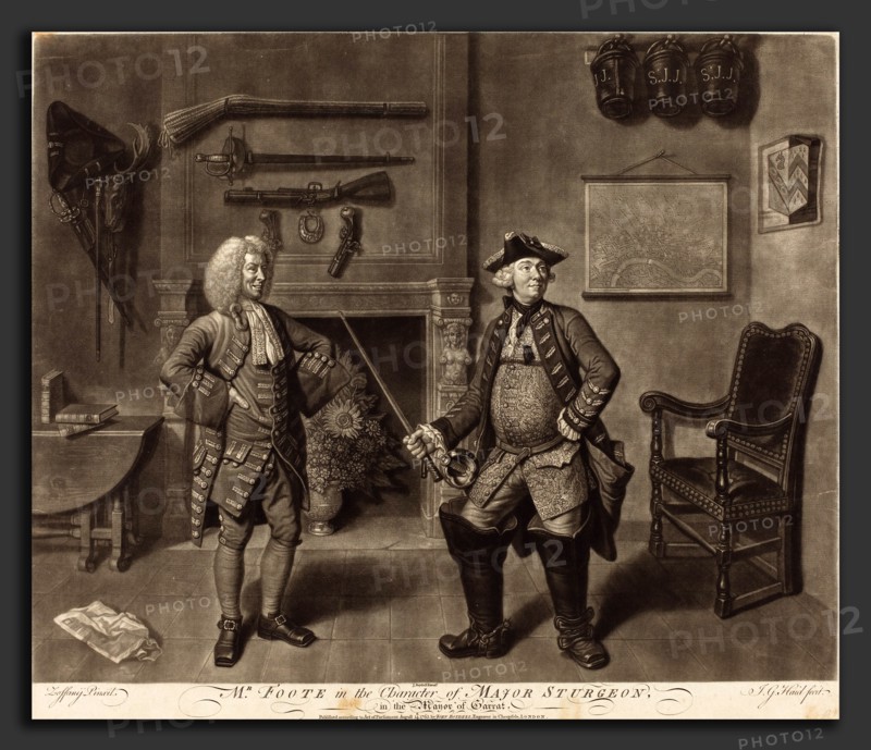 Johann Gottfried Haid after Johann Zoffany (German, 1710 - 1776), Mr. Foote in the Character of Major Sturgeon, in the Mayor of Garrat, 1765, mezzotint on laid paper