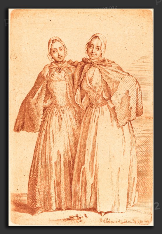 Daniel Nikolaus Chodowiecki (German, 1726 - 1801), Two Standing Ladies (Demoiselles Quantin), 1758, etching and drypoint in red on laid paper
