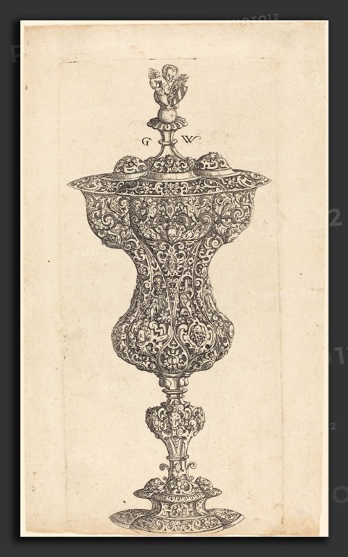Georg Wechter I (German, c. 1526 - 1586), Goblet with Putto on lid, published 1579, engraving