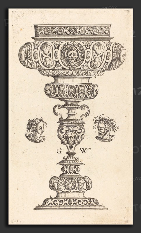 Georg Wechter I (German, c. 1526 - 1586), Chalice with Head of a Warrior, published 1579, engraving