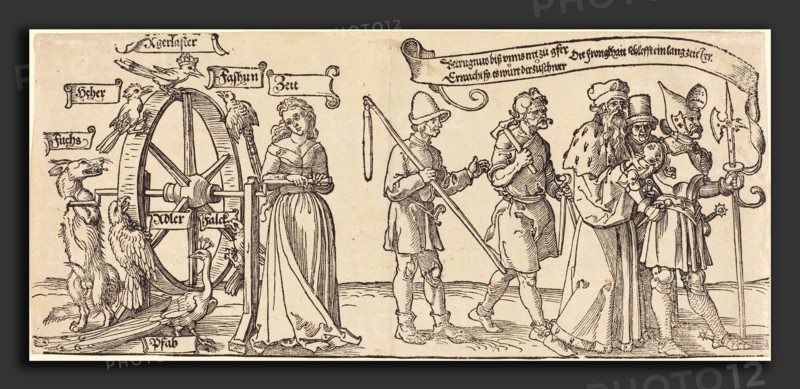 Albrecht DÃ¼rer (German, 1471 - 1528), Time and a Fox Turning the Wheel of Fortune with People of all Ranks to the Right, probably 1526, woodcut