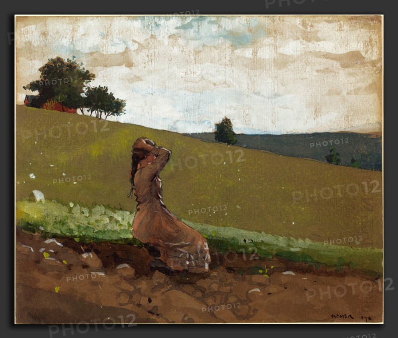Winslow Homer (American, 1836 - 1910), The Green Hill, 1878, watercolor, gouache, and graphite on gray-green paper faded to brown