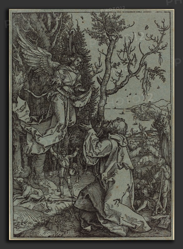 Albrecht DÃ¼rer (German, 1471 - 1528), Joachim and the Angel, c. 1504, woodcut on blue laid paper; laid down