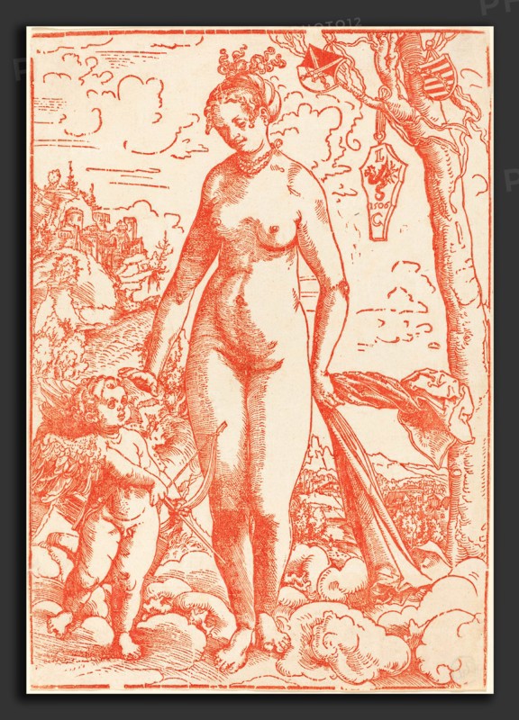 Lucas Cranach the Elder (German, 1472 - 1553), Venus and Cupid, dated 1506 (probably executed c. 1509), woodcut in red on laid paper
