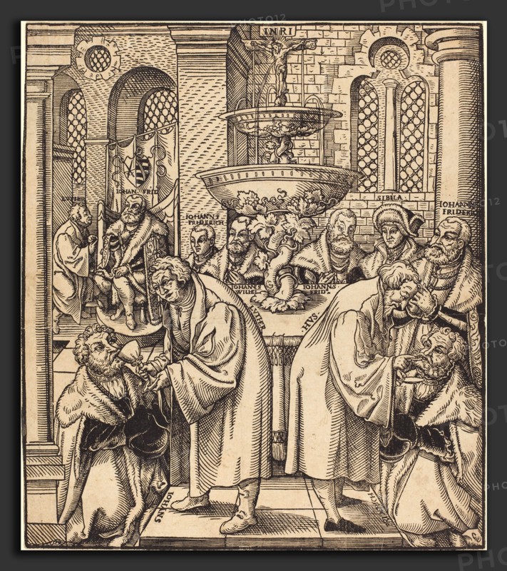Lucas Cranach the Elder (German, 1472 - 1553), The Reformers Luther and Hus Giving Communion to the Princes of the House of Saxony, woodcut