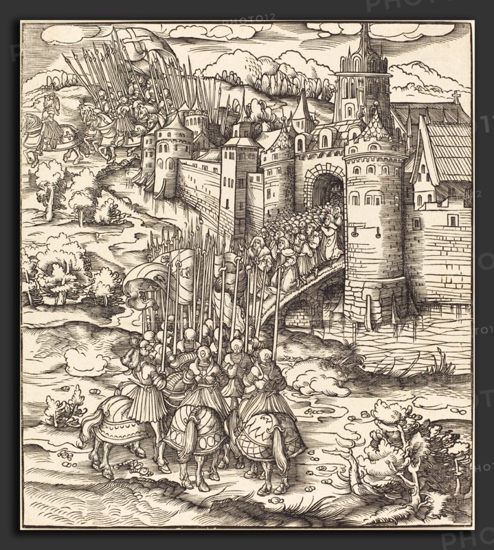 Leonhard Beck (German, c. 1480 - 1542), Various Men Kneeling on a Bridge in front of a Town, 1514-1516, woodcut