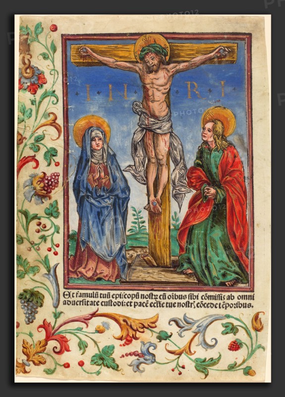Attributed to Hans Burgkmair I (German, 1473 - 1531), Christ on the Cross, early 16th century, woodcut, handcolored in red, blue, green, brown, orange-red, and gold, on vellum