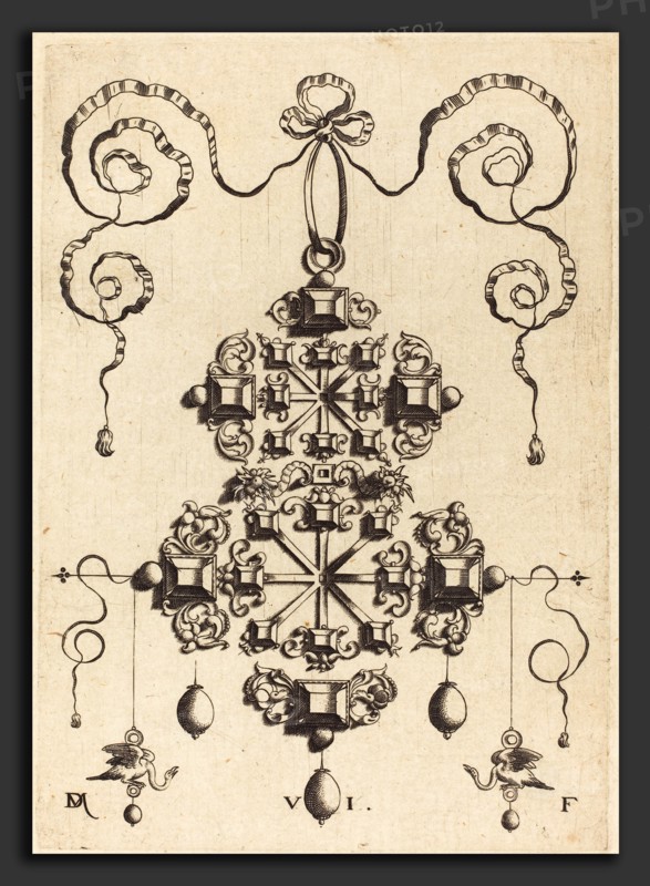 Daniel Mignot (German, active 1593-1596), Large Pendant with Two Double Crosses, Surrounded by Six Large and Sixteen Small Table-Stones, engraving