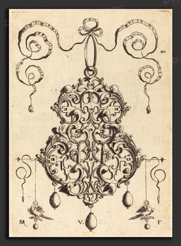 Daniel Mignot (German, active 1593-1596), Strapwork Pendant with Two Birds as Earrings at Left and Right, engraving