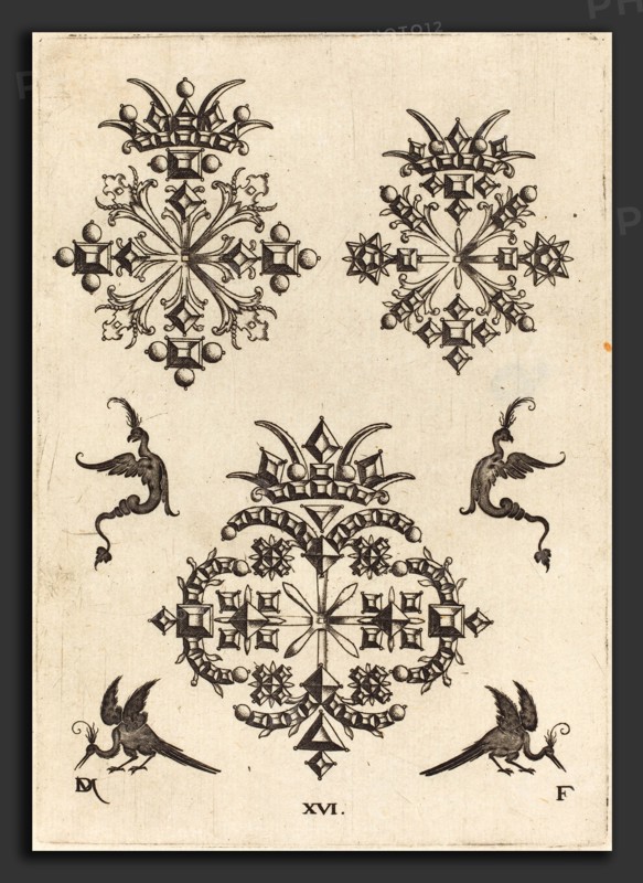 Daniel Mignot (German, active 1593-1596), Three Brooches with Fantasy Birds at Left, Right, and Bottom, 1596, engraving