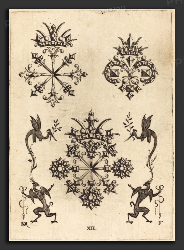 Daniel Mignot (German, active 1593-1596), Three Brooches with Winged Snakes at Left  and Right and Winged Griffins at Bottom, 1596, engraving