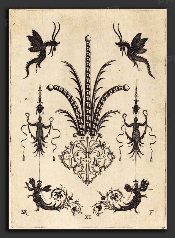 Daniel Mignot (German, active 1593-1596), Brooch with Table-Stones, Winged Animals at Top, and Winged Human Beings at Bottom, 1596, engraving