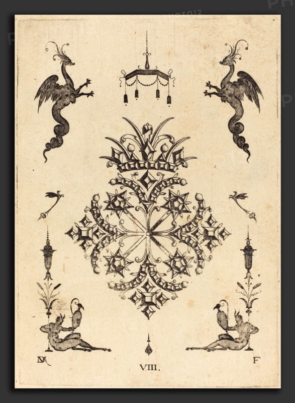 Daniel Mignot (German, active 1593-1596), Brooch with Fantasy Animals at Top and Fauns with Vases at Bottom, 1596, engraving