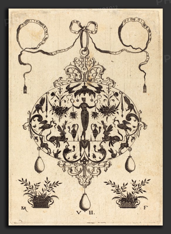 Daniel Mignot (German, active 1593-1596), Large Pendant, Flora Standing, Holding a Fruit Garland, 1596, engraving