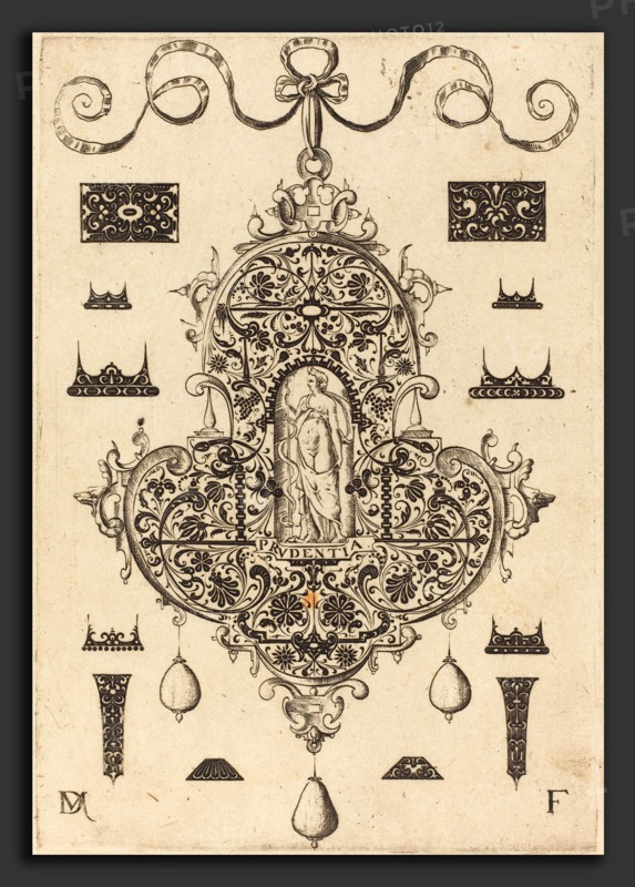 Daniel Mignot (German, active 1593-1596), Large Pendant, Prudence Standing at Centre, 1593, engraving