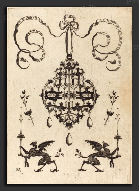 Daniel Mignot (German, active 1593-1596), Large Pendant, Lower Left and Right Two Griffins Carrying Fantasy Candlesticks, 1596, engraving