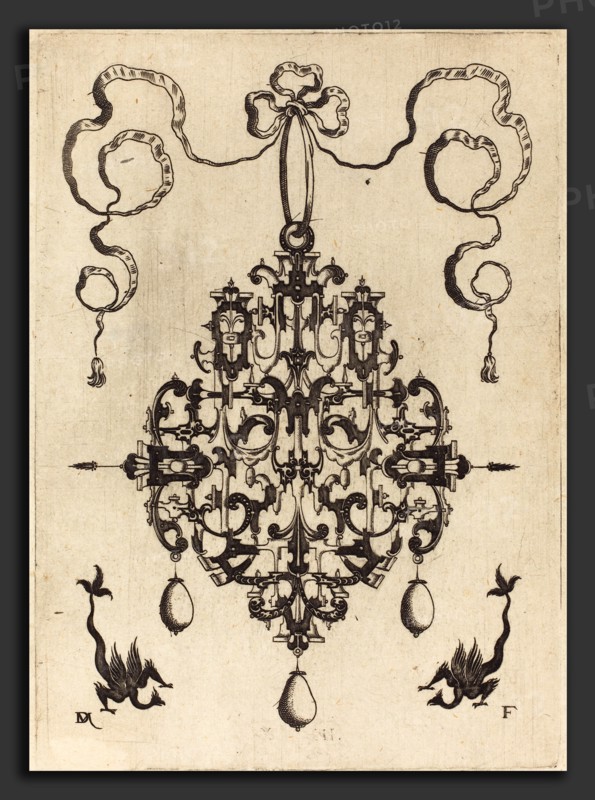 Daniel Mignot (German, active 1593-1596), Large Pendant, Two Fantasy Creatures with Long Tails at Bottom, 1596, engraving