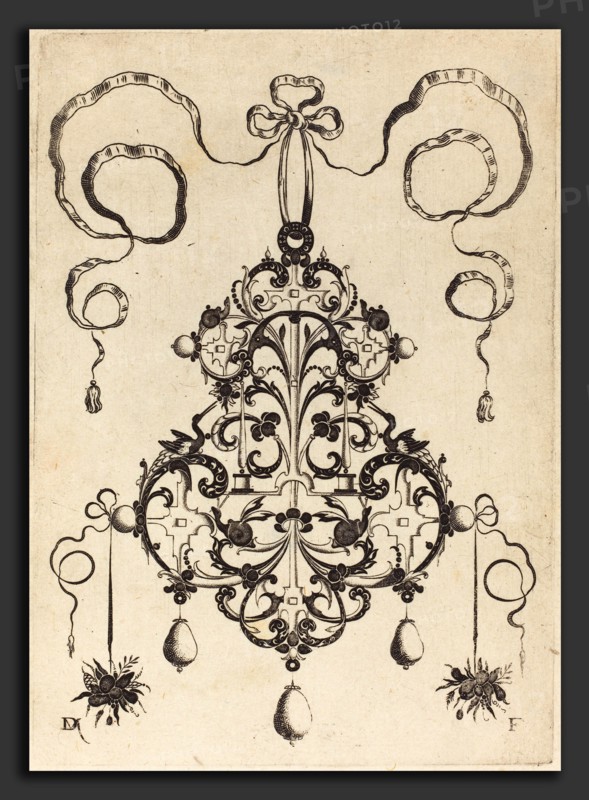 Daniel Mignot (German, active 1593-1596), Large Pendant, Lower Left and Right Two Bunches of Grass and Fruit, 1596, engraving