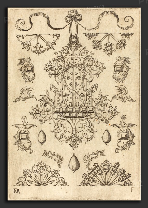 Daniel Mignot (German, active 1593-1596), Large Pendant Surrounded by Ten Different Studs, engraving