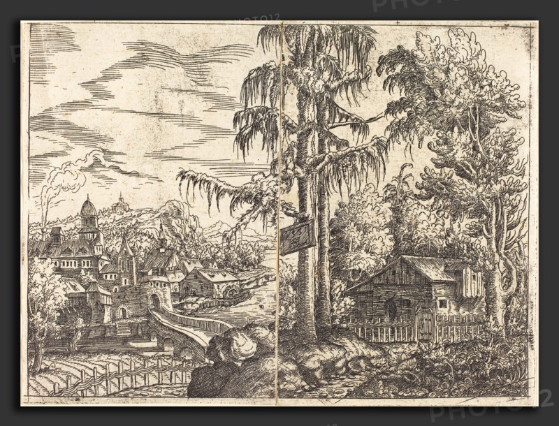 Hans Sebald Lautensack (German, 1524 - 1561-1566), Landscape with View of a Farmer's Cottage and a Town near a River, 1551, etching