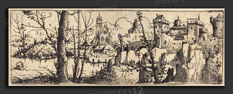 Augustin Hirschvogel (German, 1503 - 1553), Landscape with Castle at Right, Surrounded by Rocks, 1546, etching