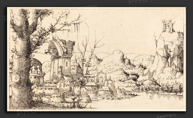 Augustin Hirschvogel (German, 1503 - 1553), River Landscape with the Temptation of Christ, 1545, etching [counterproof]