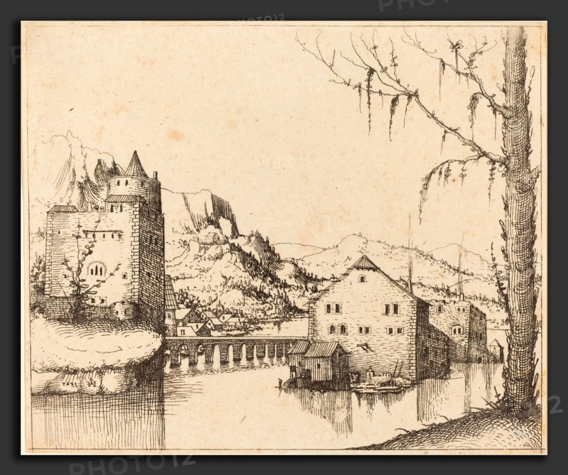Augustin Hirschvogel (German, 1503 - 1553), River Landscape with Island Houses, 1545, etching on laid paper [counterproof]