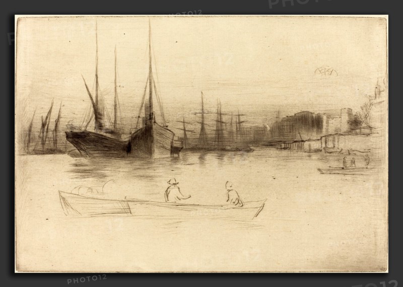 James McNeill Whistler (American, 1834 - 1903), Steamboats off the Tower, 1875, etching